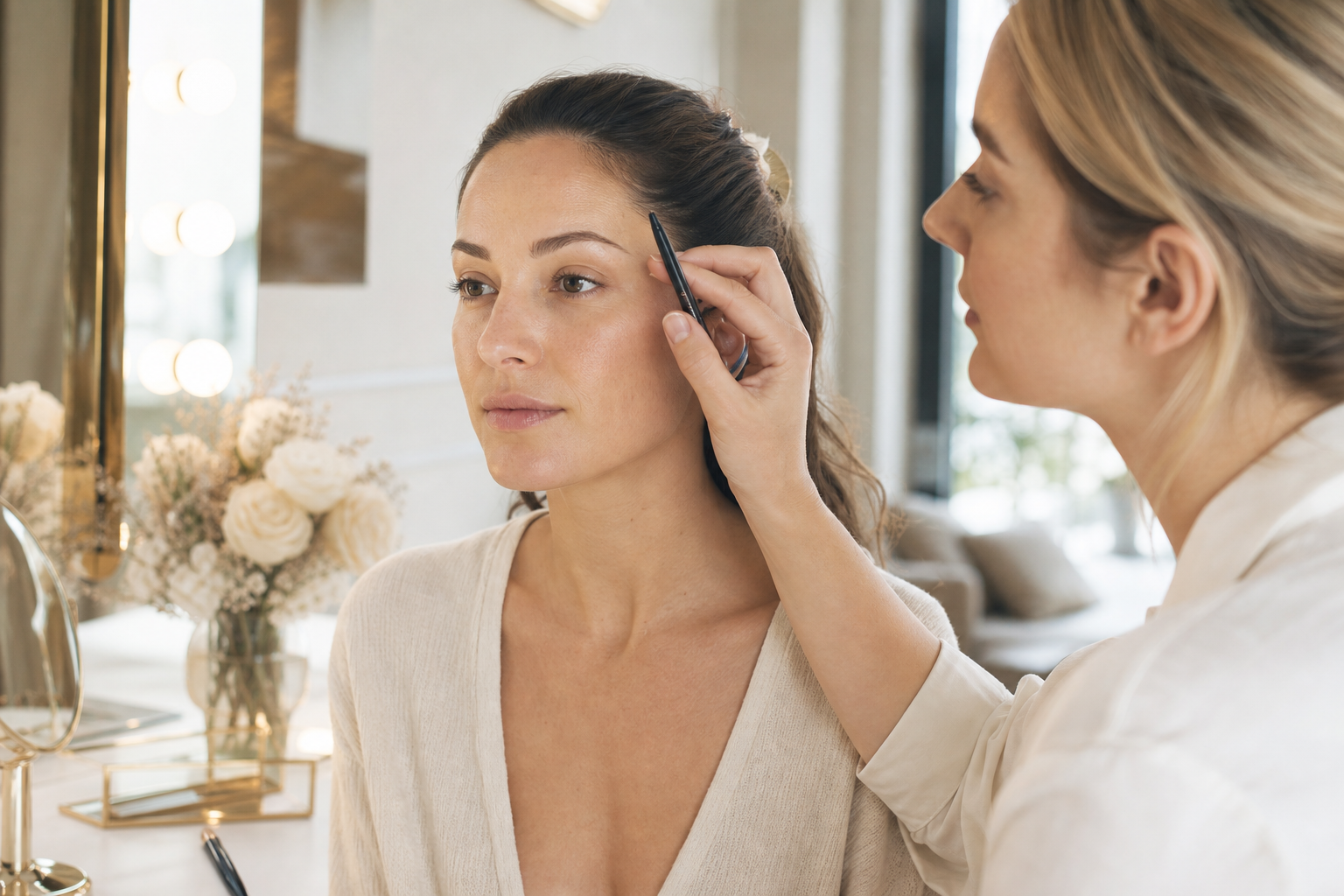 Microblading bei Augenbrauen die morgens lange nachgezeichnet werden in einem hochwertigen Berliner Beauty-Studio