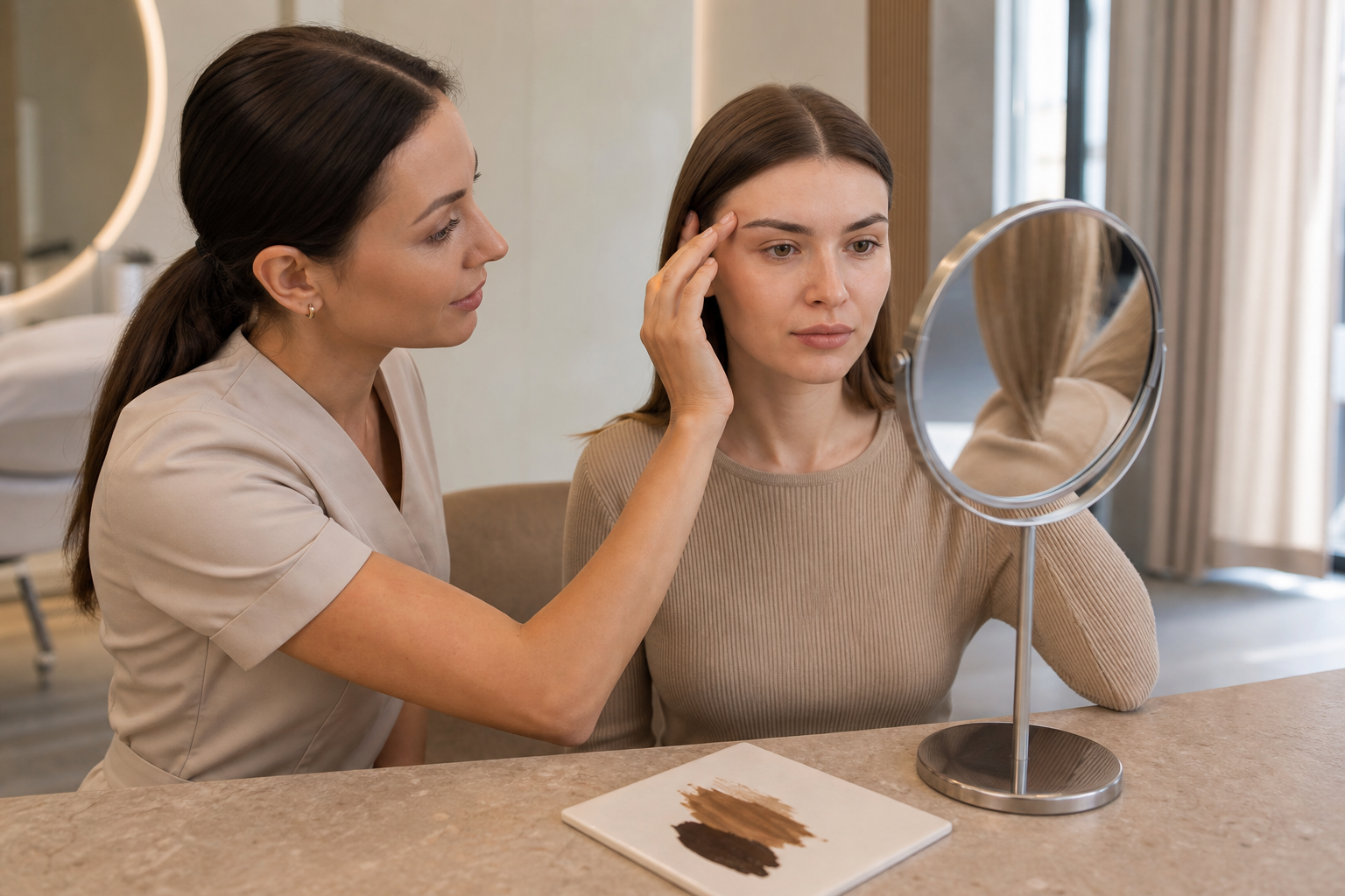 Microblading bei sehr geraden Brauen ohne Schwung in einem hochwertigen Berliner Beauty-Studio