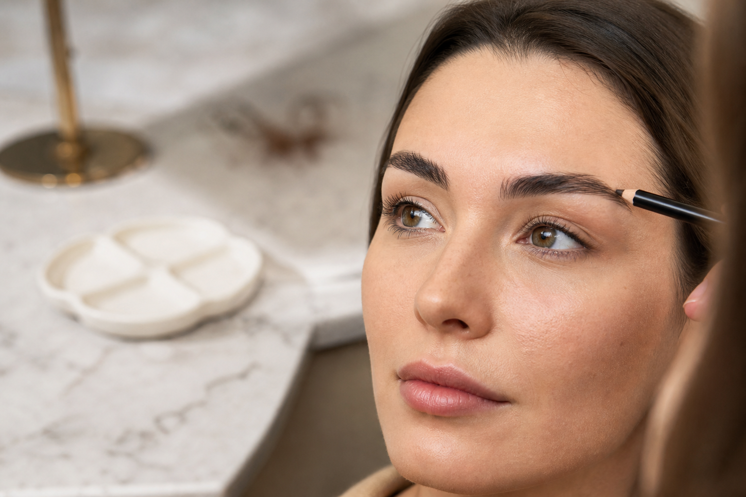 Microblading für dichte Brauen mit einzelnen kahlen Stellen in einem hochwertigen Berliner Beauty-Studio