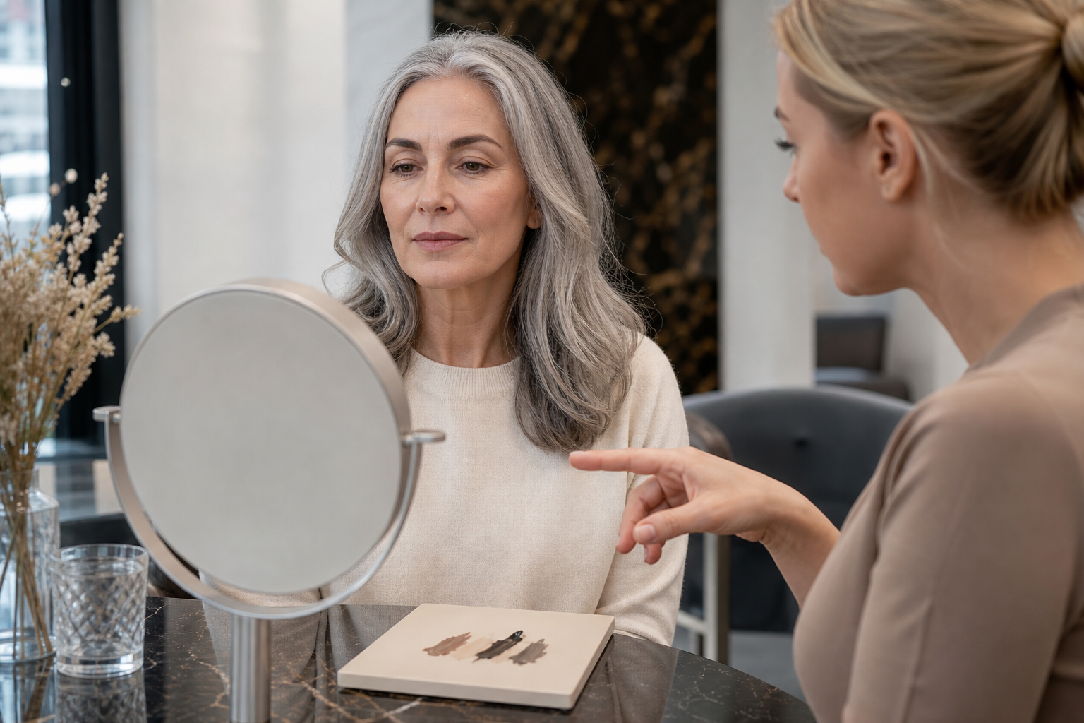 Microblading für graumeliertes Haar: weiche Farbauswahl in einem hochwertigen Berliner Beauty-Studio