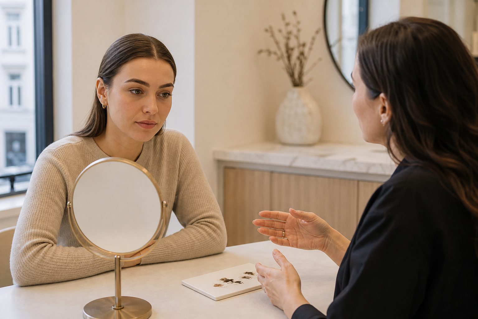 Microblading für weiche Brauen bei strengem Gesichtsausdruck in einem hochwertigen Berliner Beauty-Studio