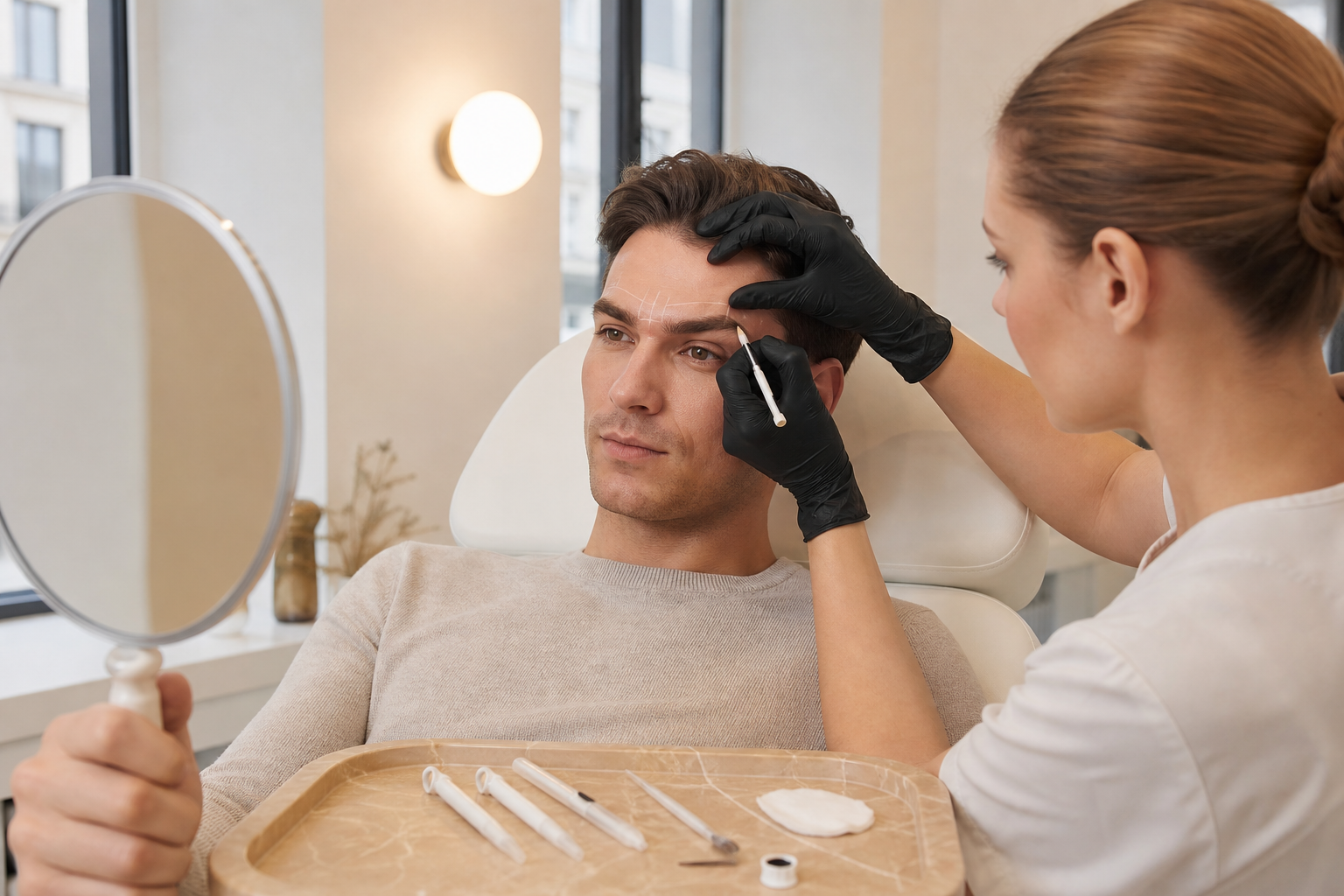 Microblading Männer: natürliche Verdichtung ohne Make-up-Look in einem eleganten Berliner Beauty-Studio