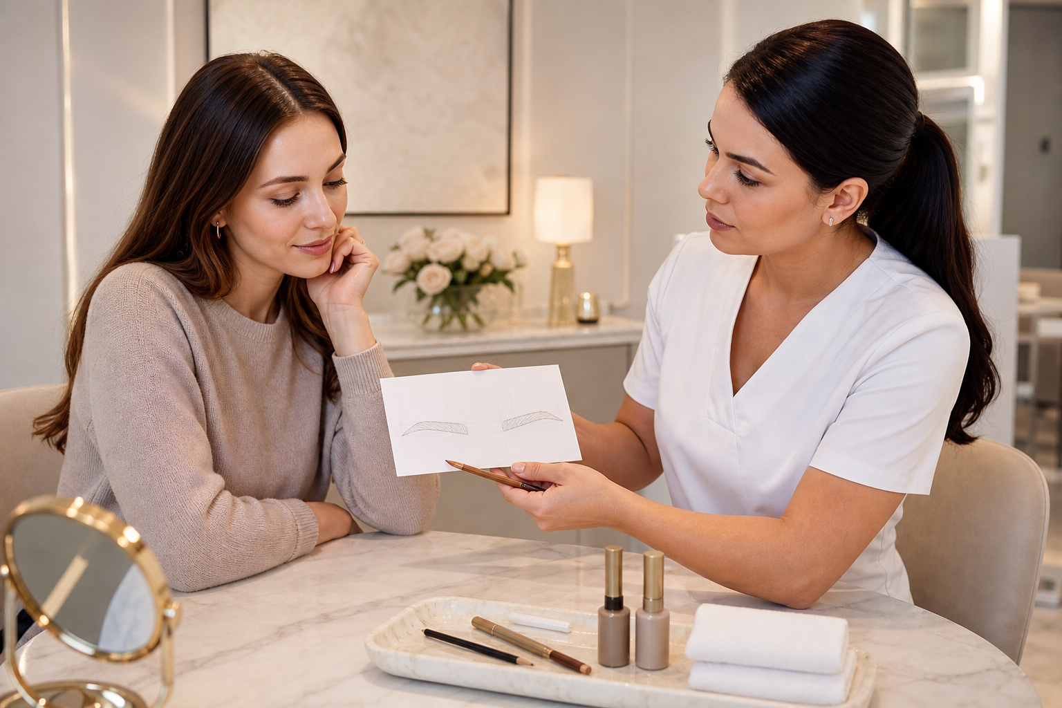 Microblading nach misslungenem Augenbrauenstift: realistische Planung in einem hochwertigen Berliner Beauty-Studio